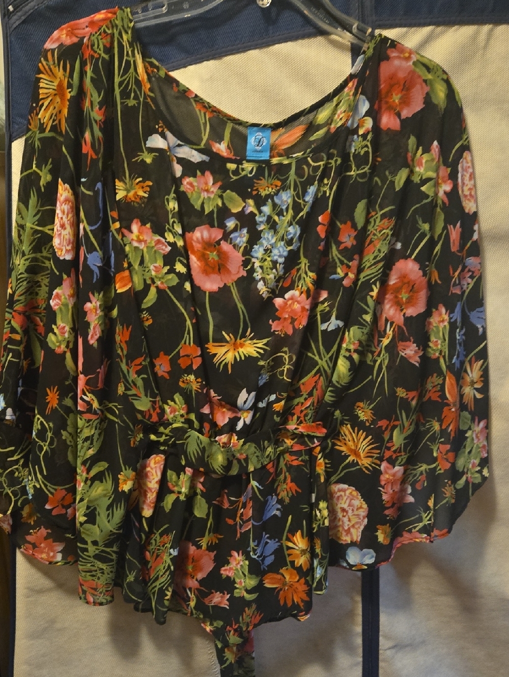 SD Collection Black Floral Tie-Waist Blouse with Pink and Green Accents